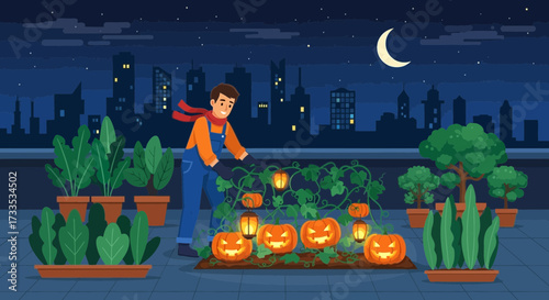Rooftop autumnal harvest with glowing pumpkins under the moonlight in the city