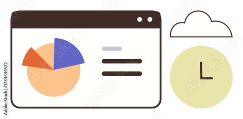Browser window displays pie chart and text, complemented by cloud and clock elements. Ideal for analytics, time management, cloud computing, project planning, productivity, organization, clean flat