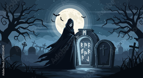 Spectral presence near ancient tombstones at a shadowy halloween graveyard