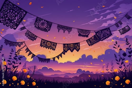 Mexican Papel Picado Banners Twilight Sky Silhouette