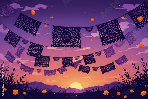 Mexican Papel Picado Banners Twilight Sky Silhouette