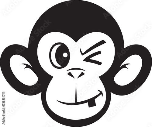 A playful monkey winks, , showcasing a whimsical and cartoonish design with a single tooth and expressive eyes, perfect for logos and branding with a fun twist