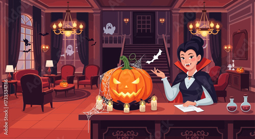 Whimsical halloween reception with charming vampire host in haunted mansion