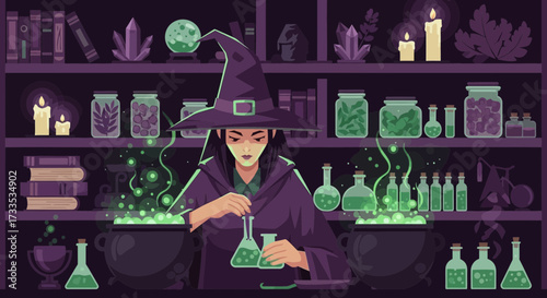 Apothecary Witch Crafting Potions in Her Enchanted Workshop Full of Magical Supplies