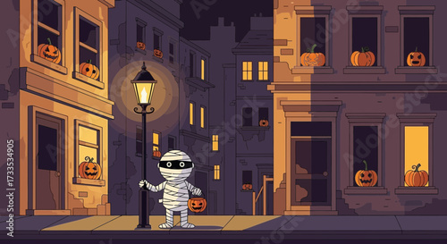 Halloween street scene with mummy character and festive pumpkin decorations