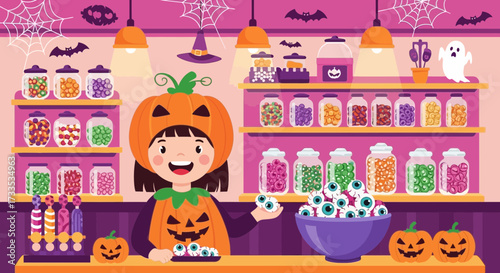 Enchanting Halloween Candy Shop Featuring a Child in Pumpkin Costume