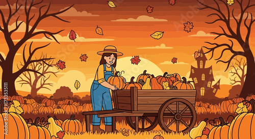 Charming autumnal scene with a farmer loading pumpkins into a wooden cart