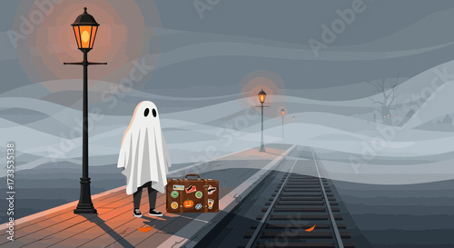 A Ghostly Traveler on a Misty Railway Platform Waits for an Uncertain Journey