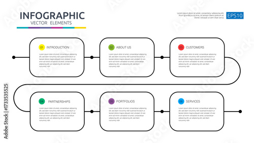 Vector Infographic Timeline 6 steps template, options, squares. Business process thin line. Use for presentations diagram, process, flow chart workflow, banner layout, info graph. infochart concept