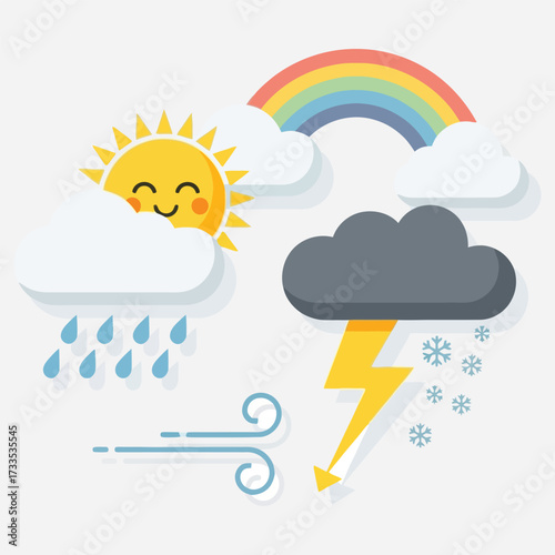 Weather Icons Sun, Rain, Rainbow, Lightning, and Wind Illustration