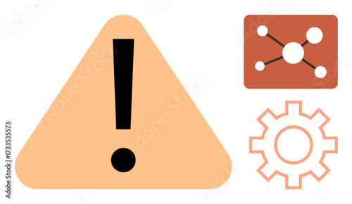 Exclamation mark in a triangle, gear, and network nodes implying caution, system error, or connectivity issues. Ideal for alerts, warnings, technology, system monitoring troubleshooting risk