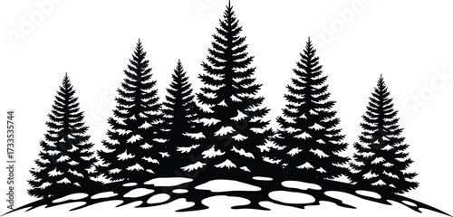 Pine tree silhouette, black forest graphic, evergreen nature illustration, conifer landscape design, editable vector clipart, outdoor scenery elements, minimal