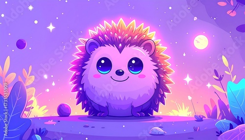 Adorable cartoon hedgehog in a fantasy night setting with stars and moon