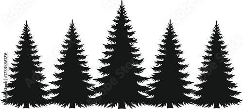 Pine tree silhouette, black vector forest, evergreen nature clipart, conifer graphic design, editable landscape illustration, minimal outdoor tree icons