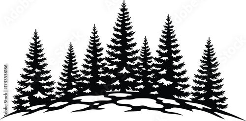 Pine tree silhouette, forest hill graphic, black vector landscape, evergreen nature illustration, editable clipart design, outdoor scenery elements, minimal