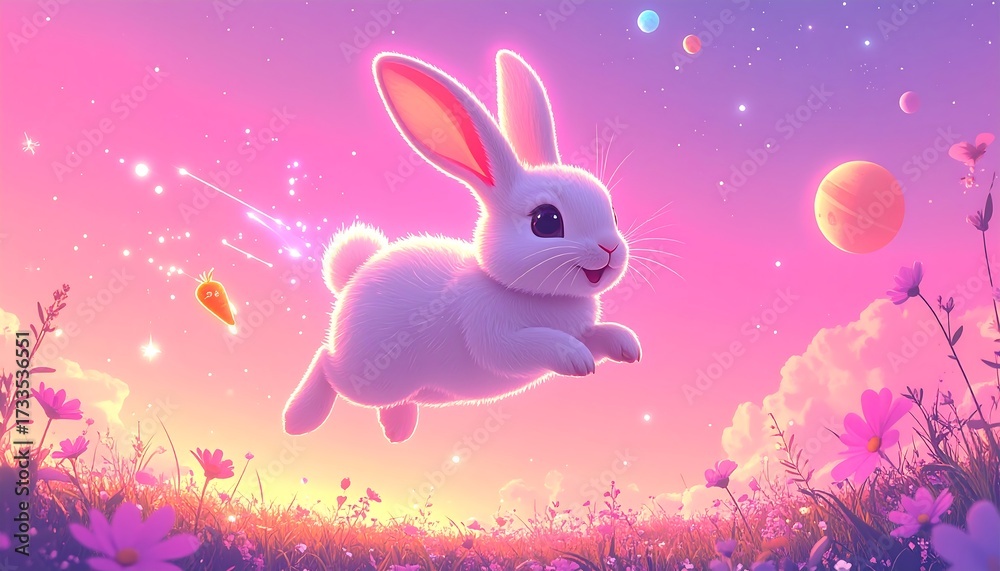 Obraz premium Adorable white rabbit floating in a dreamy pastel colored sky illustration