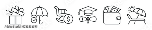 Benefits thin line icon set. Web minimal editable stroke icons