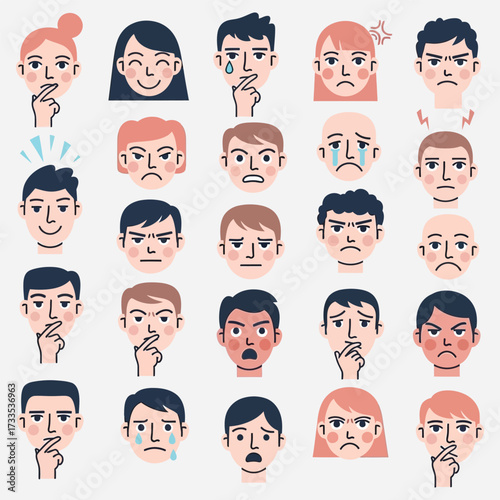 A diverse collection of illustrated cartoon character faces showing a wide range of human emotions and expressions in a flat vector style