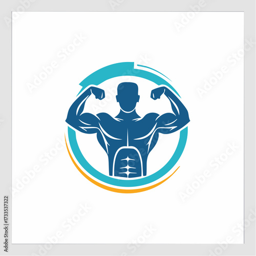 Muscular man flexing biceps in front of a circular design.