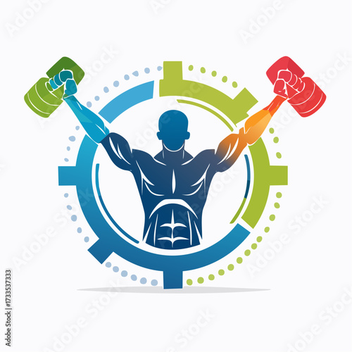 Muscular man lifting dumbbells in front of a gear wheel, fitness logo.