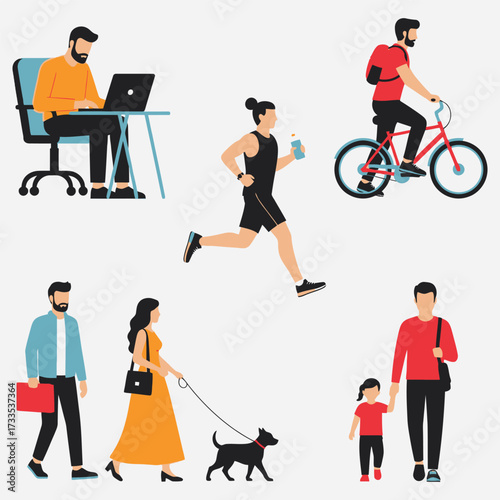 Diverse vector illustration showcasing daily activities of people, including work, exercise, and leisure