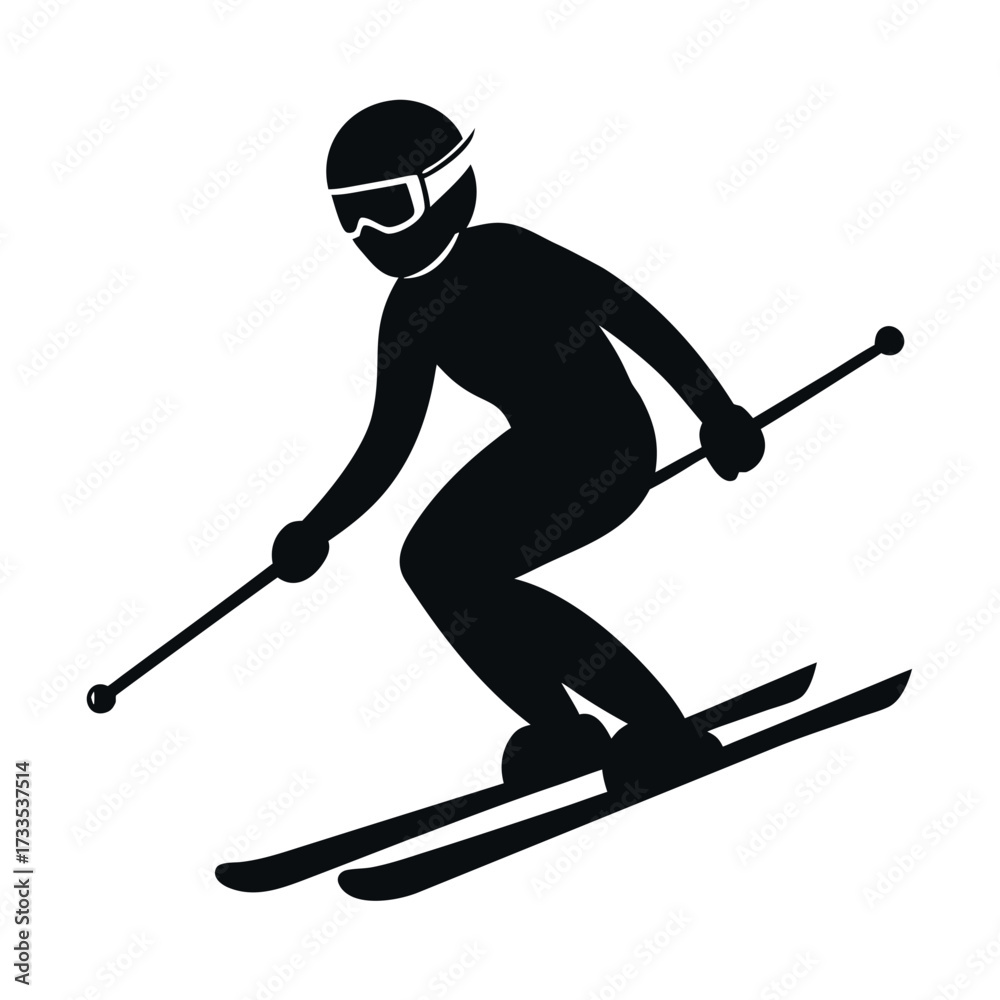 Fototapeta premium Skiing Silhouette Vector Illustration, Winter Sport Athlete on Skis Icon on White Background