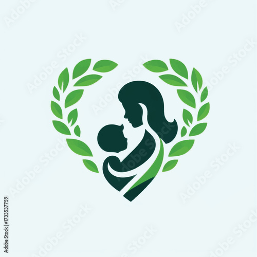 Mother holding baby silhouette inside a green leafy heart wreath logo.