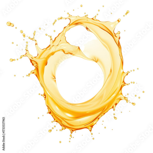 Dynamic apple juice splash creating a circular pattern on white background  