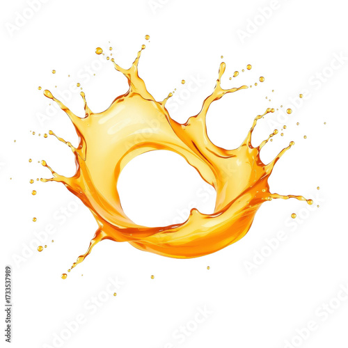 Dynamic apple juice splash in bright orange color on white background  