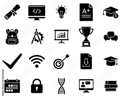Vector icons set for education and learning including graduation cap diploma books online classes and academic success