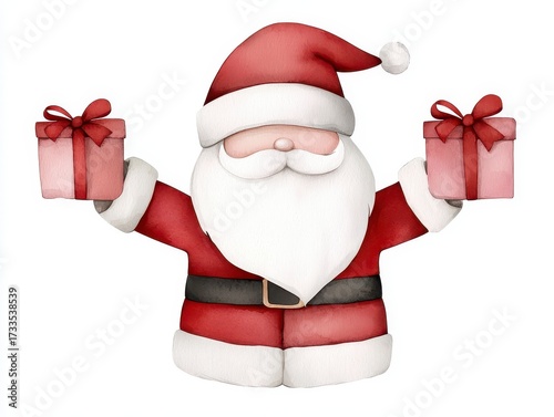 Cute Santa Claus with gift boxes isolated on white background. Watercolor christmas illustration. Festive santa figure holding present cutout on plain backdrop. hand painted xmas image