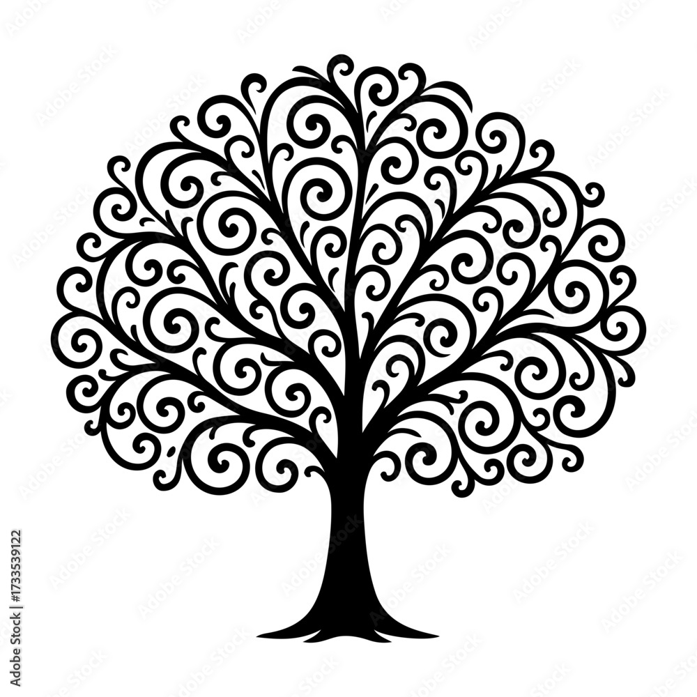 Fototapeta premium Vector a decorative tree with swirling branches and leaves in a black silhouette on transparent background