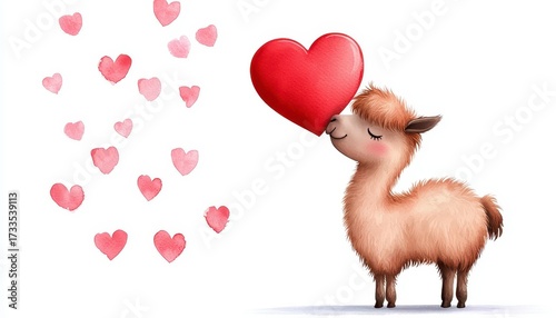 Cute watercolor llama gives heart . Clipart for romantic cards. Lovely animal illustration bestows affection. graphic resource ideal for heartfelt greeting invitation design printable