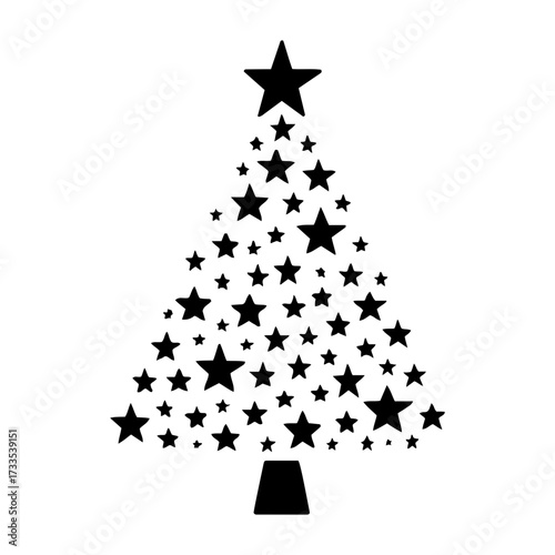 Vector christmas tree made of stars in black and white with a trunk at the bottom on transparent background