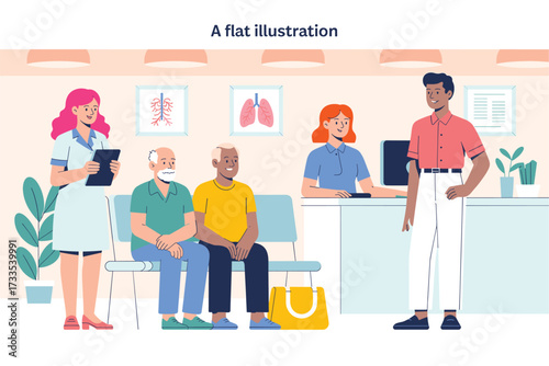 Flat Illustration of a Diverse Group of People in a Doctor's Office Waiting Room with Healthcare Professionals and Patients, showcasing diversity and inclusion.