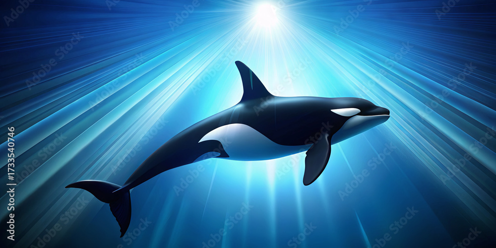 Fototapeta premium An orca is seen gliding smoothly through the clear, deep blue ocean waters, illuminated by vibrant sunlight shining from above, showcasing its stunning colors and features