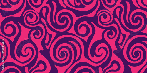 Dynamic abstract background featuring a seamless pattern of flowing psychedelic swirls in vibrant magenta and deep purple colors