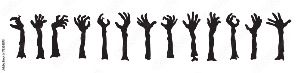 Fototapeta premium Zombie hands silhouettes. Halloween decor. Set doodle zombie hand