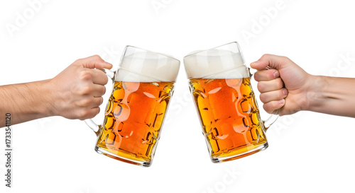 Two hands holding beer mugs making a toast, isolated on transparent background