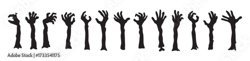 Zombie hands silhouettes. Halloween decor. Set doodle zombie hand