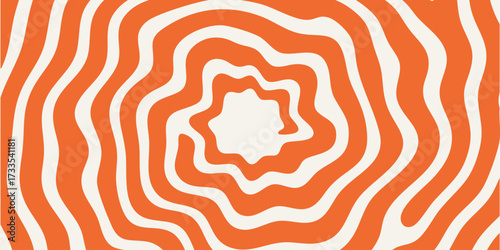 Abstract retro background featuring groovy, distorted concentric rings in an orange and cream color palette creating a hypnotic optical illusion