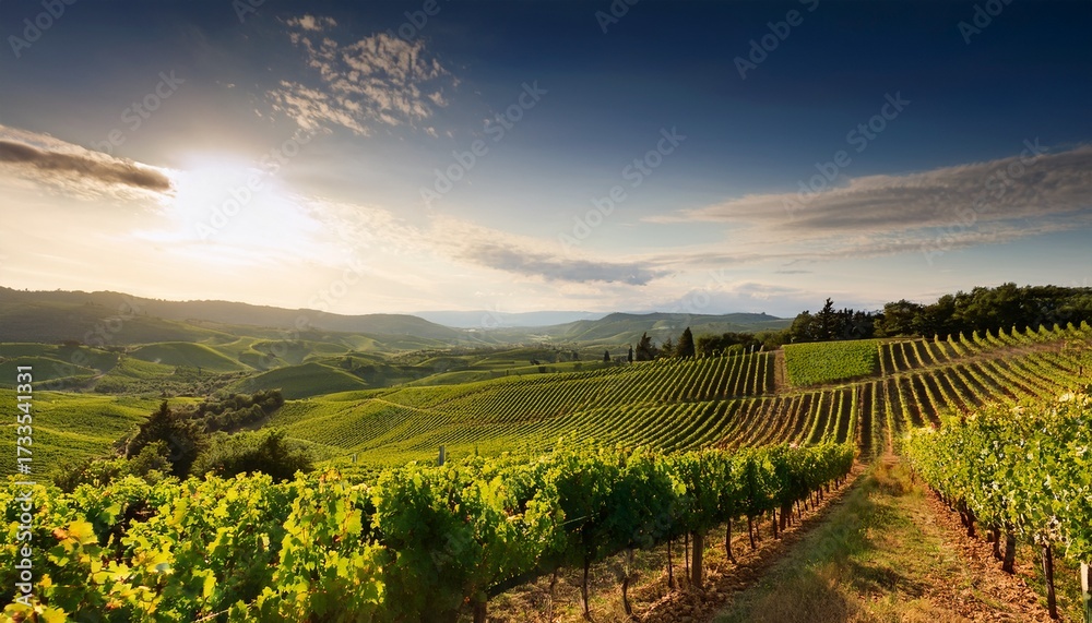 Naklejka premium A Sun Drenched Vineyard Rolling Across The Hills Its Lush Rows Of Grapevines Basking In The Warmth Of Summer Painted With A Sense Of Rustic Charm And Bucolic Tranquility