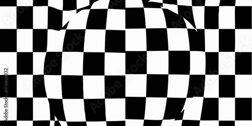 Abstract black and white checkerboard pattern with a spherical distortion effect, creating a surreal optical illusion background