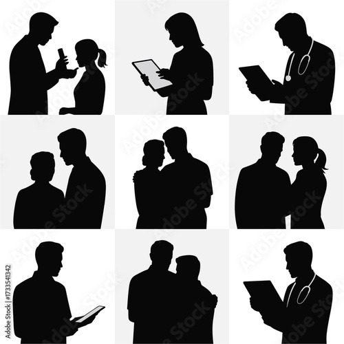 Silhouettes of People with Technology and Togetherness: Doctors, Couples, and Individuals Using Tablets and Phones for Health, Connection, and Modern Life