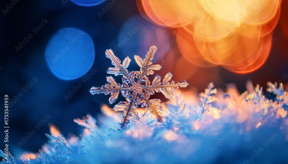 Intricate Snowflake Crystal Macro Captures Winter Wonder With Warm Orange Glow And Soft Blue Bokeh Creating Festive Holiday Scene Intricate Snowflake Crystal Macro Captures Winter Wonder With Warm Orange Glow And Soft Blue Bokeh Creating Festive Holiday Scene