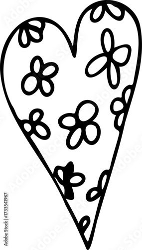 Vector line black heart with flowers isolated on a white background.