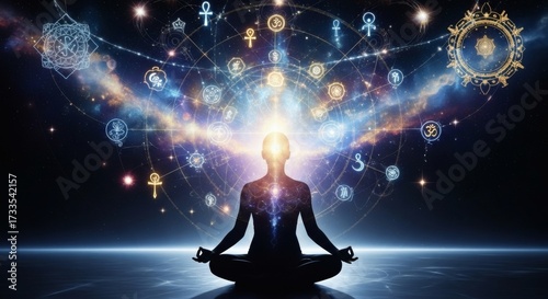 Meditating Figure with Radiant Mind: Cosmic Thoughts, Ancient Symbols and Intricate Light Patterns