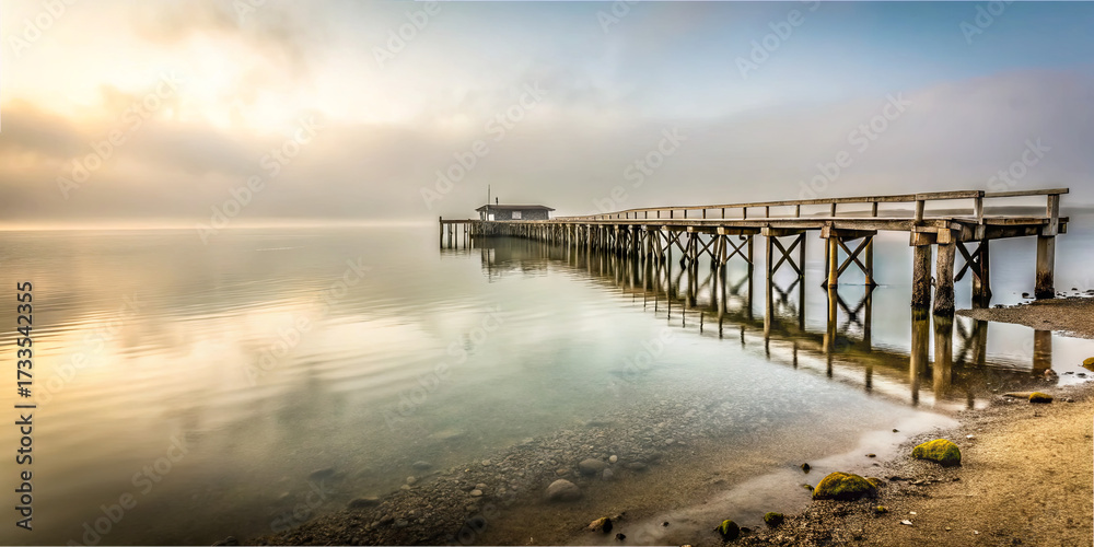 Obraz premium A serene pier extends over still waters, surrounded by fog in the early morning light. The scene captures nature's peace with gentle reflections and soft colors