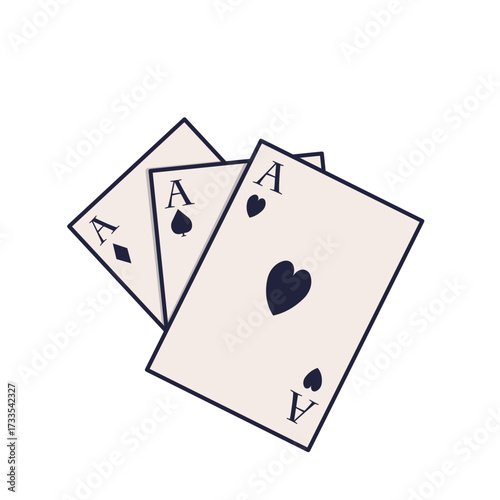 Three playing cards featuring the Ace of Spades, Ace of Hearts, and Ace of Diamonds. Aces often symbolize luck, power, strategy, and classic card games