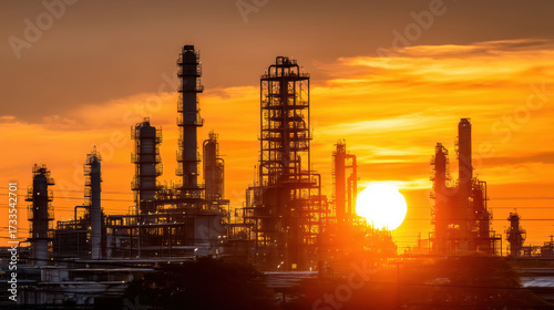 Petrochemical plant oil refinery at sunset glow